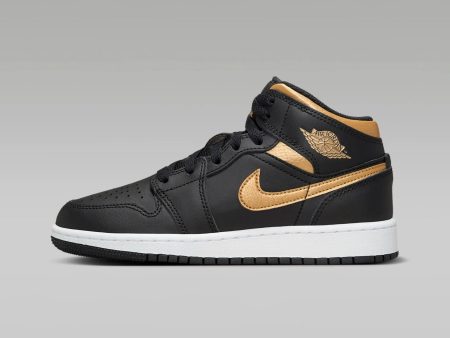 Big Kid s Air Jordan 1 Mid - BLACK METALLIC GOLD-WHITE For Cheap